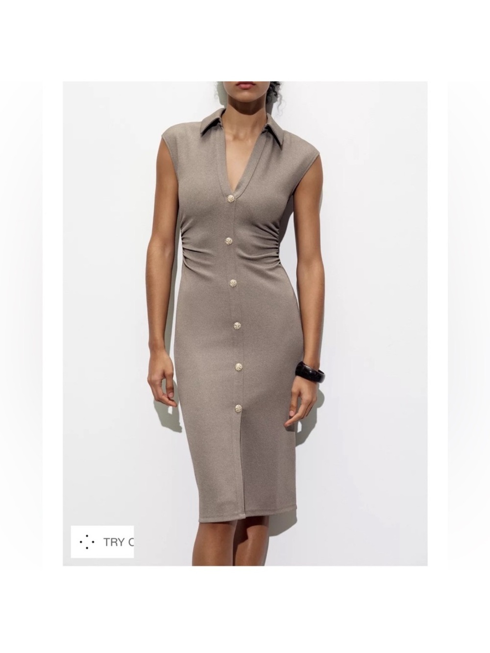 Zara brown Taupe Sleeveless Collared Button-Front Midi Dress